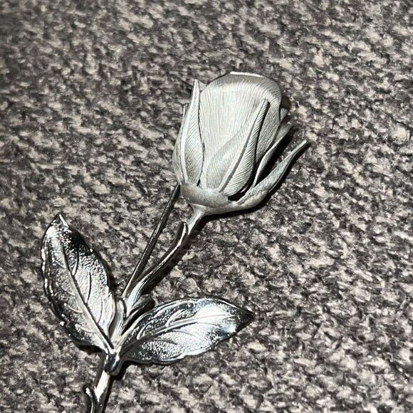 Vintage Long-stem Open ROSE Brooch Pin Silver tone Metal - Picture 5 of 5
